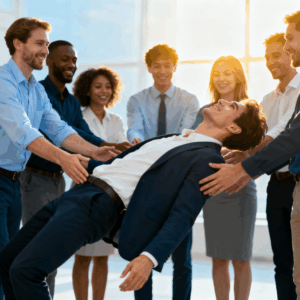 Image d'une équipe faisant un exercice de confiance avec un homme qui se laisse tomber dans les bras d'une équipe diverses